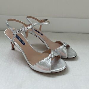 Stuart Weitzman Silver Leather Open Toe Knot High Heel Sandals Shoes 7 Formal